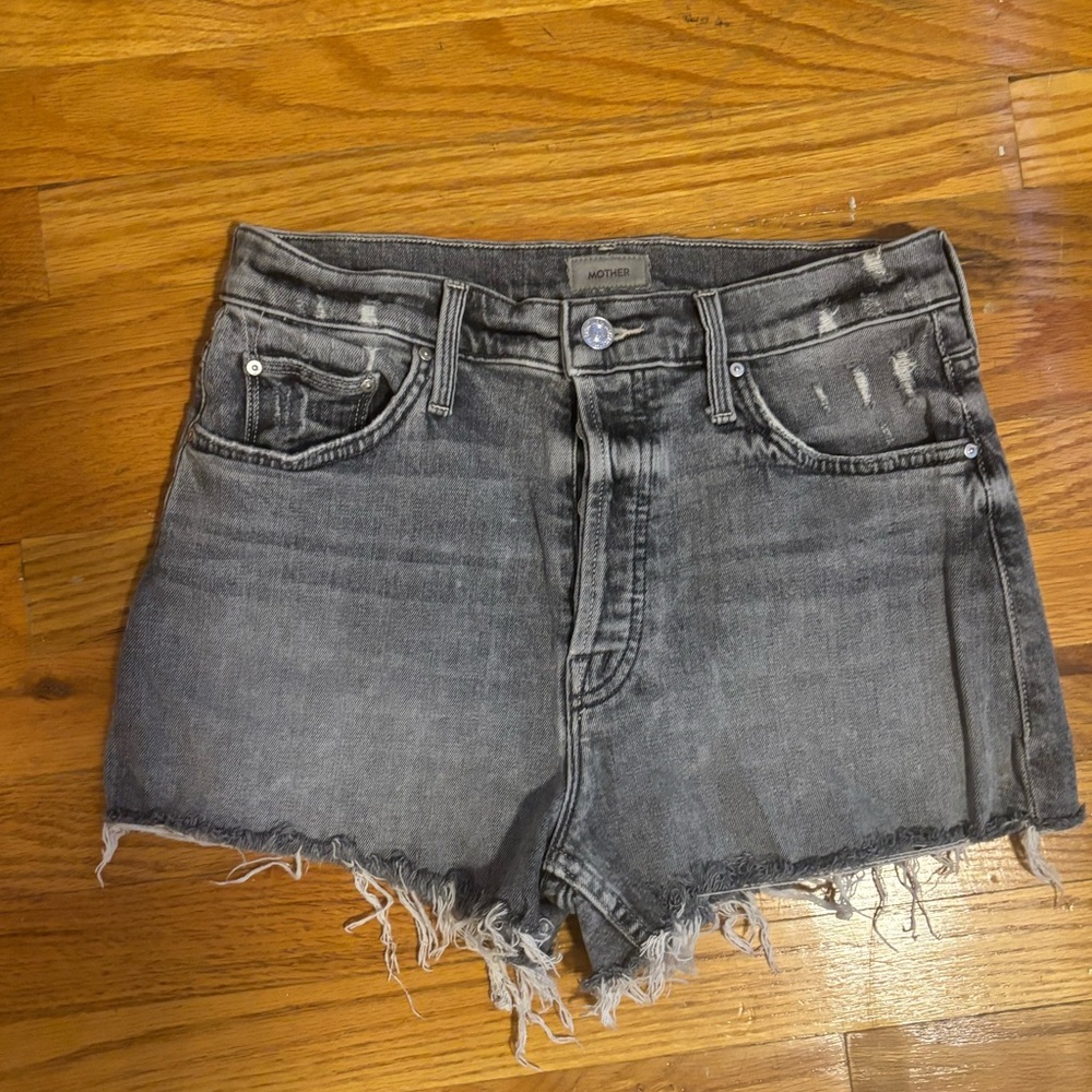 MOTHER Frayed Hem Black Denim Shorts